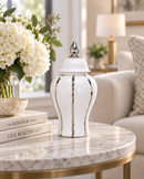 Elegant White & Silver Ginger Jar – Timeless Ceramic Accent for Modern Home Decor