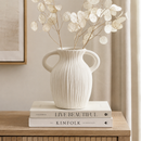 White Ribbed Decorative Vase with Handles – Modern Textured Flower Vase, Available in 4 Sizes for Home Décor