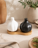 Ceramic Salt and Pepper Shaker Set with Bamboo Tray