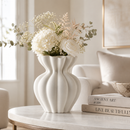 White Sculptural Ceramic Vase – Modern Ribbed Decorative Flower Vase for Living Room, Table & Home Décor