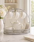 Decorative Metal Mug Rack with Tray – Countertop Coffee Cup Holder & Tea Set Organizer for Coffee Bar and Kitchen