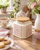 Pink Gingham Bow Ceramic Storage Jar with Bamboo Lid