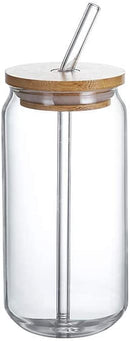 Drinking Glasses with Bamboo Lids and Glass Straw