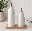 White Ceramic Oil & Vinegar Dispenser Set with Bamboo Tray