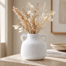 White Textured Decorative Vase with Handles – 7.1” Modern Rustic Vase for Flowers, Shelf & Home Décor