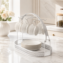 Decorative Metal Mug Rack with Tray – Countertop Coffee Cup Holder & Tea Set Organizer for Coffee Bar and Kitchen