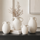 White Ribbed Decorative Vase with Handles – Modern Textured Flower Vase, Available in 4 Sizes for Home Décor