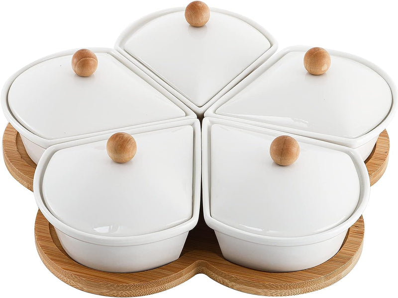 Ceramic Divided Serving Dishes with Lids and Bamboo Platter