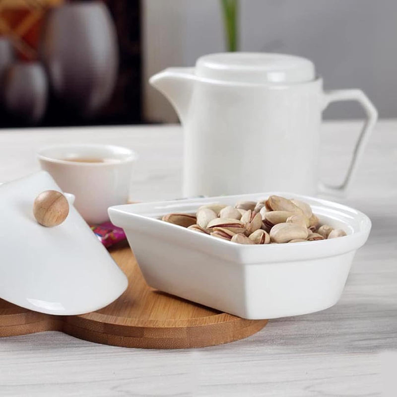 Ceramic Divided Serving Dishes with Lids and Bamboo Platter