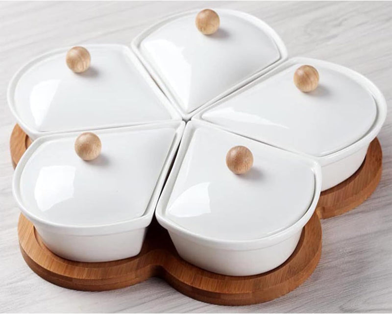 Ceramic Divided Serving Dishes with Lids and Bamboo Platter