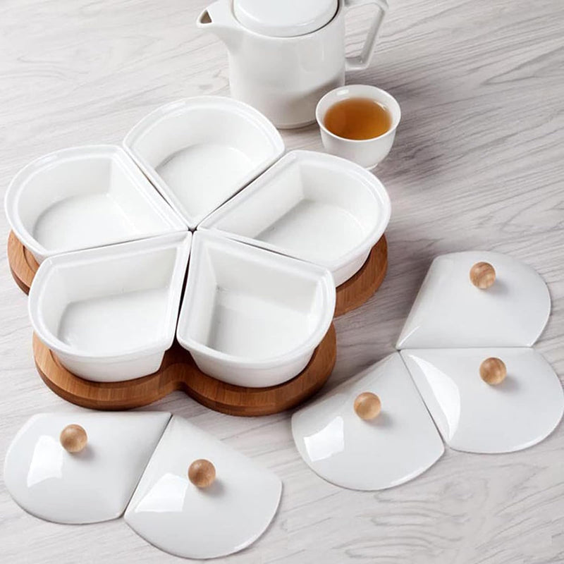 Ceramic Divided Serving Dishes with Lids and Bamboo Platter