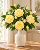Artificial Camellia Flower Stem with Green Leaves