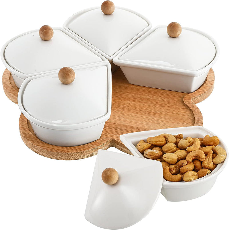 Ceramic Divided Serving Dishes with Lids and Bamboo Platter