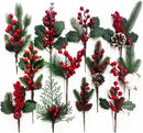 Christmas Artificial Berry Picks with Pine Cones & Greenery – 10 Pcs Holiday Decoration Stems