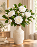 Artificial Camellia Flower Stem with Green Leaves
