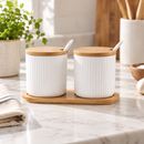 2-Piece Ceramic Condiment Jar Set with Bamboo Lids & Spoons