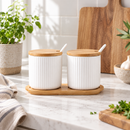 2-Piece Ceramic Condiment Jar Set with Bamboo Lids & Spoons
