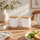 2-Piece Ceramic Condiment Jar Set with Bamboo Lids & Spoons