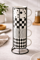 Stackable Ceramic Mug Set with Metal Stand – Modern Black & White Coffee Cups Organizer (4 Pieces)