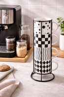 Stackable Ceramic Mug Set with Metal Stand – Modern Black & White Coffee Cups Organizer (4 Pieces)