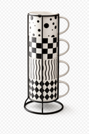 Stackable Ceramic Mug Set with Metal Stand – Modern Black & White Coffee Cups Organizer (4 Pieces)