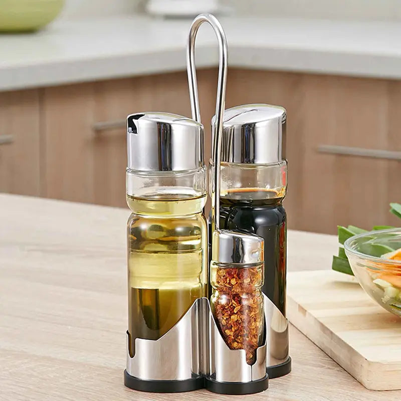 STAINLESS STEEL GLASS SPICE JAR AND OIL BOTTLE