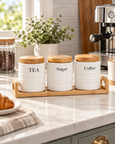 3-Piece Ceramic Tea, Sugar & Coffee Canister Set with Bamboo Lids & Tray