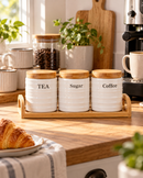 3-Piece Ceramic Tea, Sugar & Coffee Canister Set with Bamboo Lids & Tray