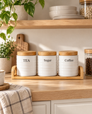 3-Piece Ceramic Tea, Sugar & Coffee Canister Set with Bamboo Lids & Tray