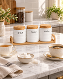 3-Piece Ceramic Tea, Sugar & Coffee Canister Set with Bamboo Lids & Tray