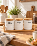 3-Piece Ceramic Tea, Sugar & Coffee Canister Set with Bamboo Lids & Tray