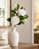Artificial Camellia Flower Stem with Green Leaves