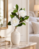 Artificial Camellia Flower Stem with Green Leaves