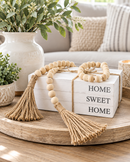 Home Sweet Home Decorative Book Stack with Natural Wood Bead Garland & Jute Tassels