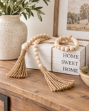Home Sweet Home Decorative Book Stack with Natural Wood Bead Garland & Jute Tassels
