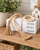 Home Sweet Home Decorative Book Stack with Natural Wood Bead Garland & Jute Tassels