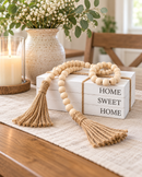 Home Sweet Home Decorative Book Stack with Natural Wood Bead Garland & Jute Tassels