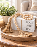 Home Sweet Home Decorative Book Stack with Natural Wood Bead Garland & Jute Tassels