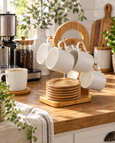Bamboo Mug Tree & Coaster Holder Set with 6 White Ceramic Coffee Mugs