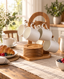 Bamboo Mug Tree & Coaster Holder Set with 6 White Ceramic Coffee Mugs