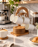 Bamboo Mug Tree & Coaster Holder Set with 6 White Ceramic Coffee Mugs