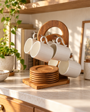 Bamboo Mug Tree & Coaster Holder Set with 6 White Ceramic Coffee Mugs