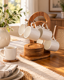Bamboo Mug Tree & Coaster Holder Set with 6 White Ceramic Coffee Mugs