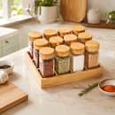 Glass Spice Jar Set with Bamboo Lids & Wooden Organizer Tray