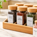 Glass Spice Jar Set with Bamboo Lids & Wooden Organizer Tray