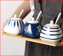 Porcelain Condiment Jar Set with Wooden Tray