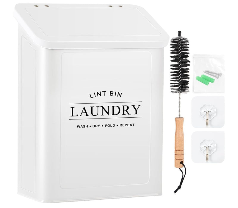 Wall-Mounted Lint Bin for Laundry Room – Magnetic Lid, Vent Cleaning Brush & Hooks – Space-Saving Trash Can for Dryer Lint & Small Waste
