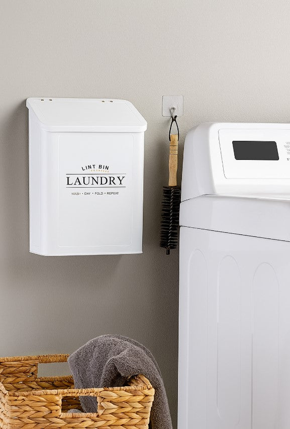 Wall-Mounted Lint Bin for Laundry Room – Magnetic Lid, Vent Cleaning Brush & Hooks – Space-Saving Trash Can for Dryer Lint & Small Waste