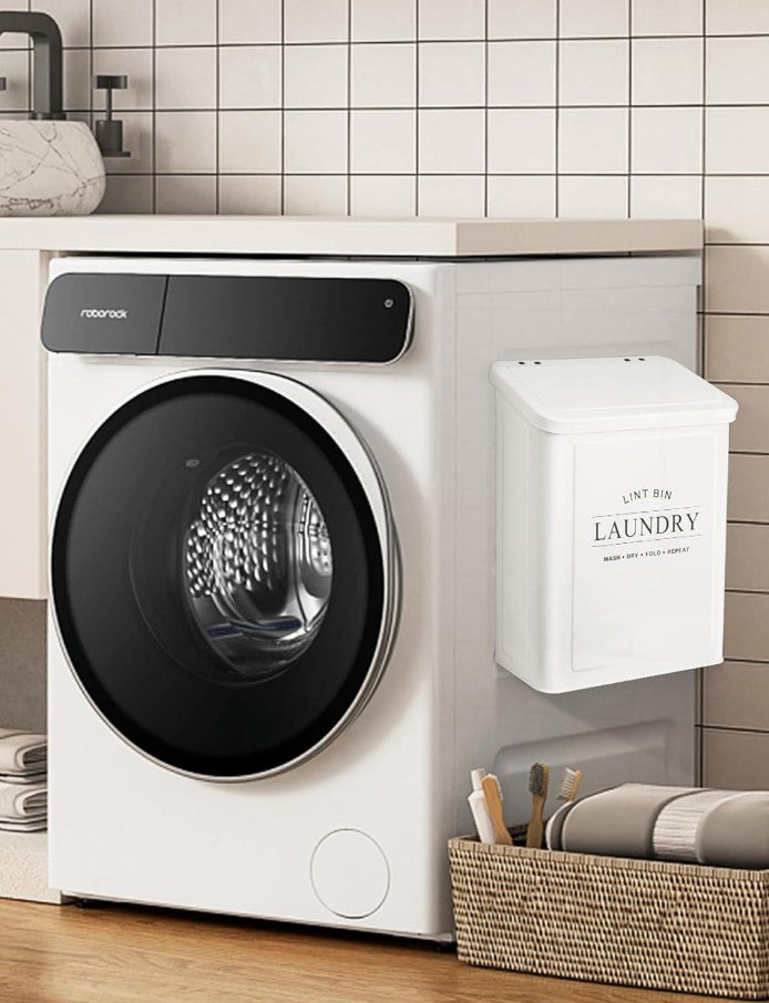 Wall-Mounted Lint Bin for Laundry Room – Magnetic Lid, Vent Cleaning Brush & Hooks – Space-Saving Trash Can for Dryer Lint & Small Waste