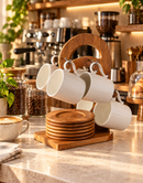 Bamboo Mug Tree & Coaster Holder Set with 6 White Ceramic Coffee Mugs